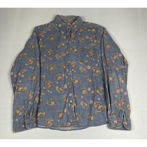 L.L. Bean Women Large Blue Floral Corduroy Button Up Shirt Long Sleeve